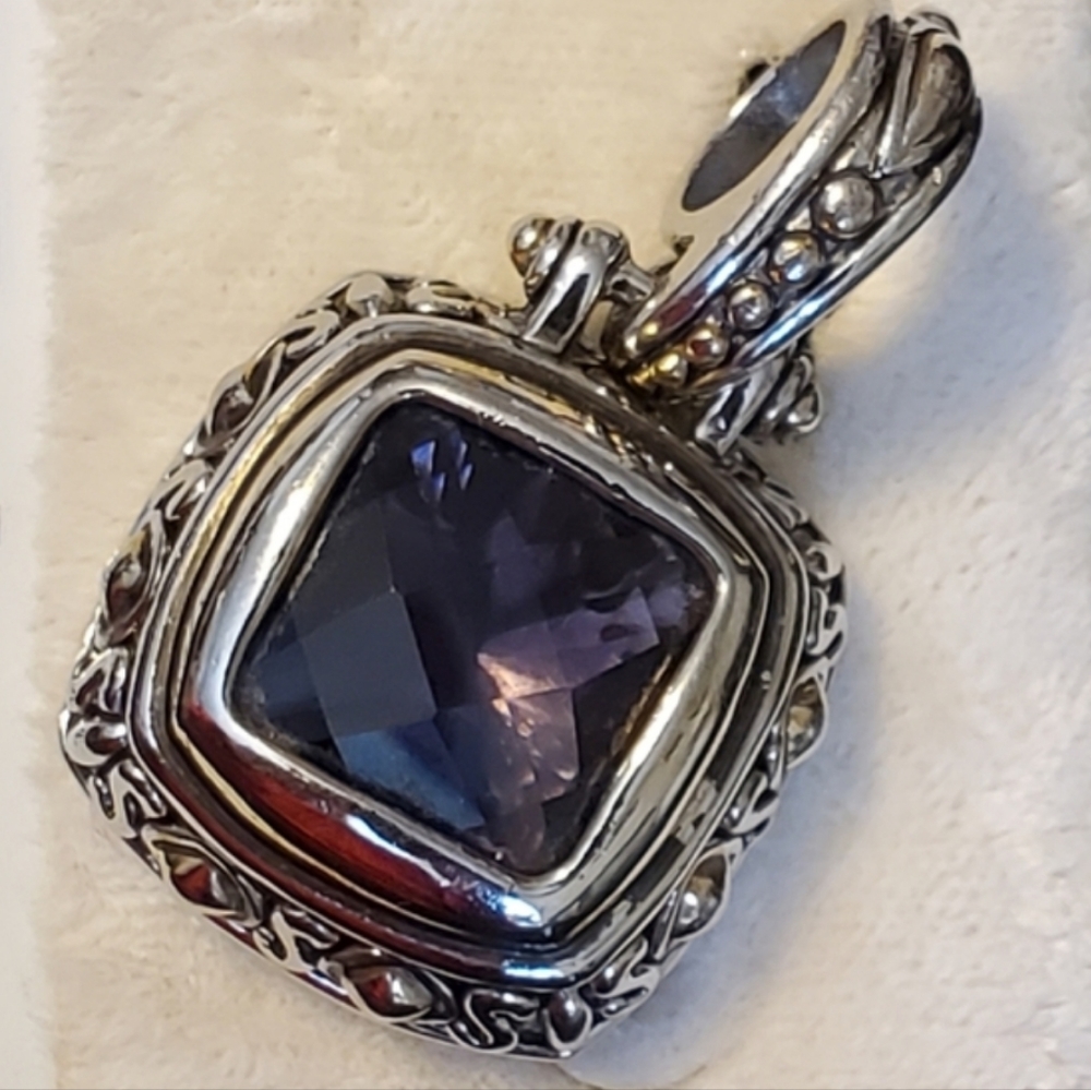 Goldtone, silvertone art deco square pendant necklace with purple stone